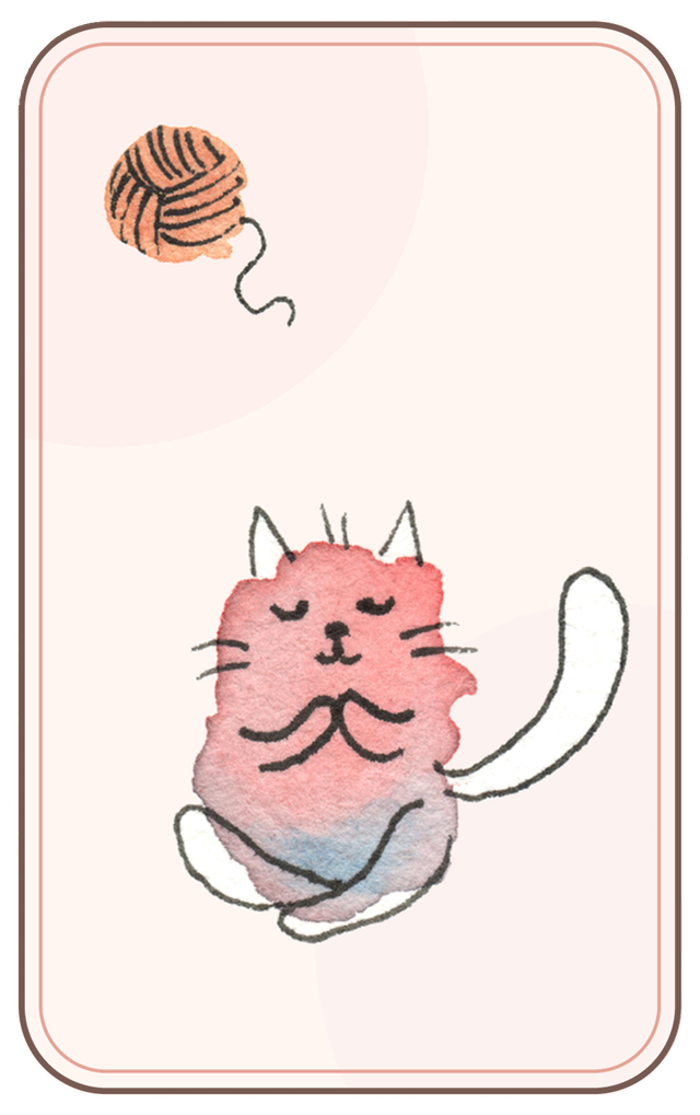 The back of the cards: a cat meditating beside a ball of yarn.