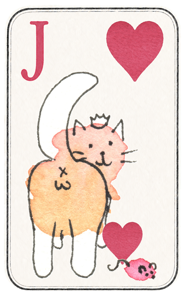 The Jack of hearts: a cat wearing a small crown, seen from behind, with a mouse and a heart.