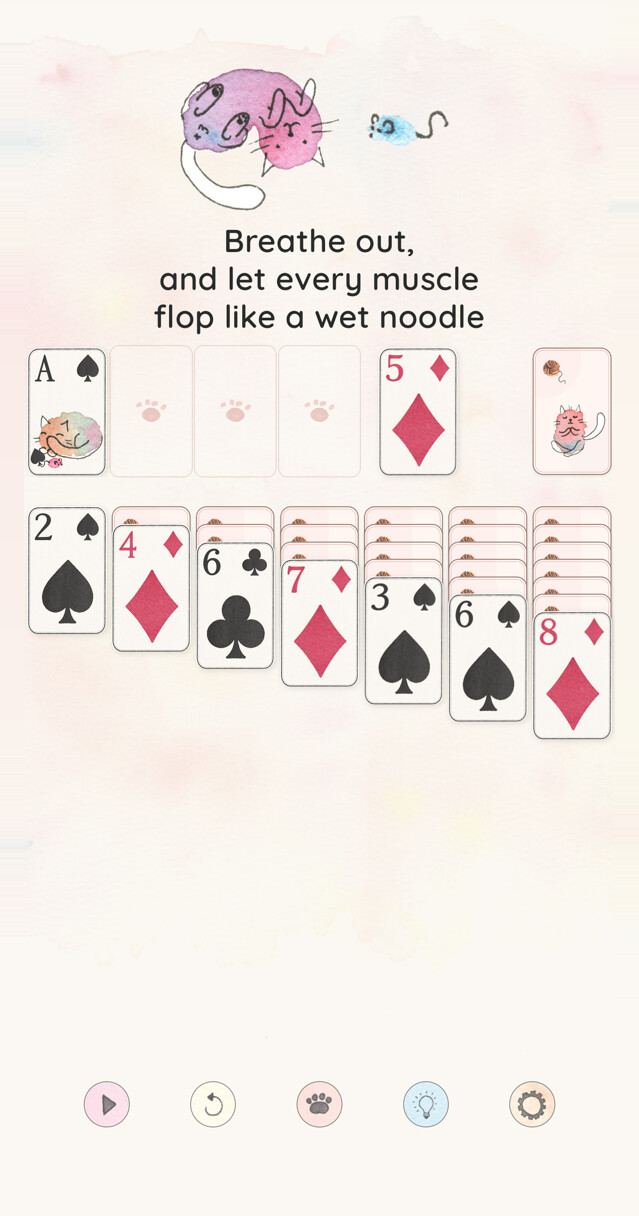 The game on a phone: a watercolor cat above the words "Breathe out, and let every muscle flop like a wet noodle", with a hand of solitaire cards below.