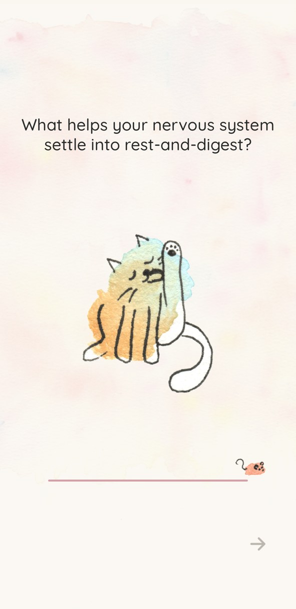 A watercolor cat licking its paw under the question: What helps your nervous system settle into rest-and-digest?