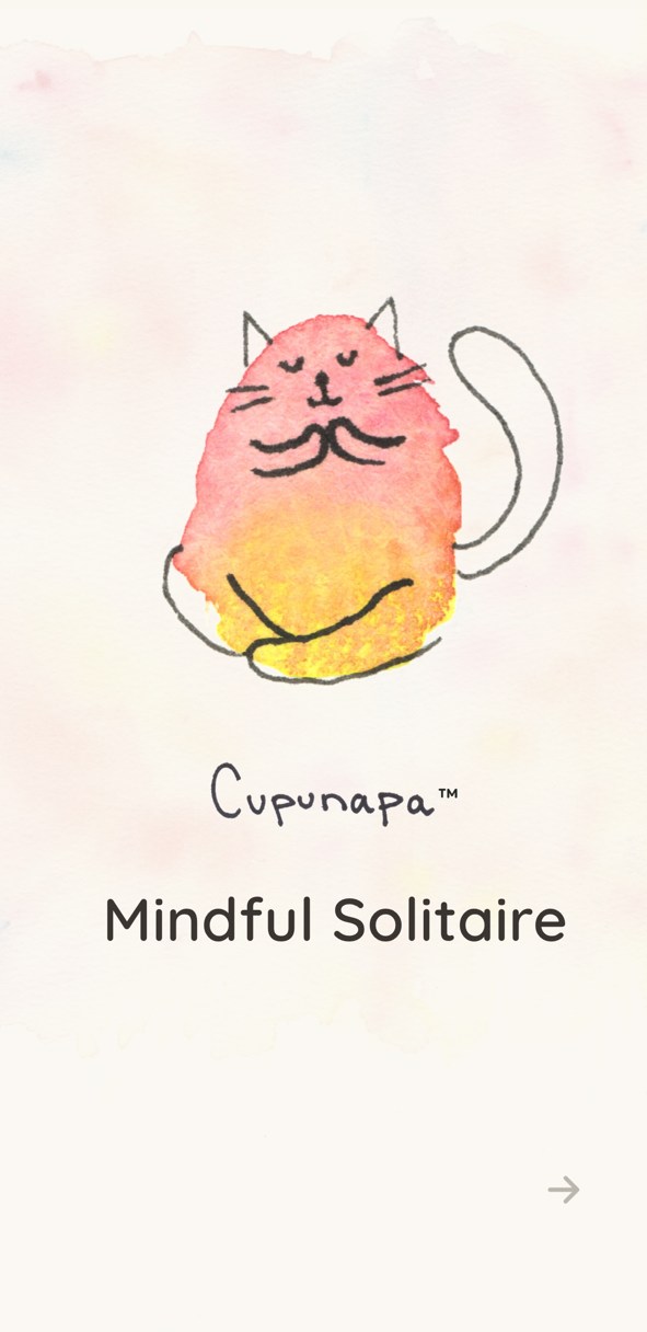 The welcome screen: a watercolor cat sitting in a calm meditation pose above the name Cupunapa and the words Mindful Solitaire.